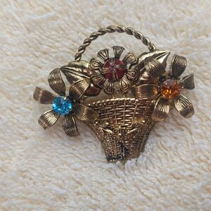 Vintage Basket Flowers Czech Brooch Pin